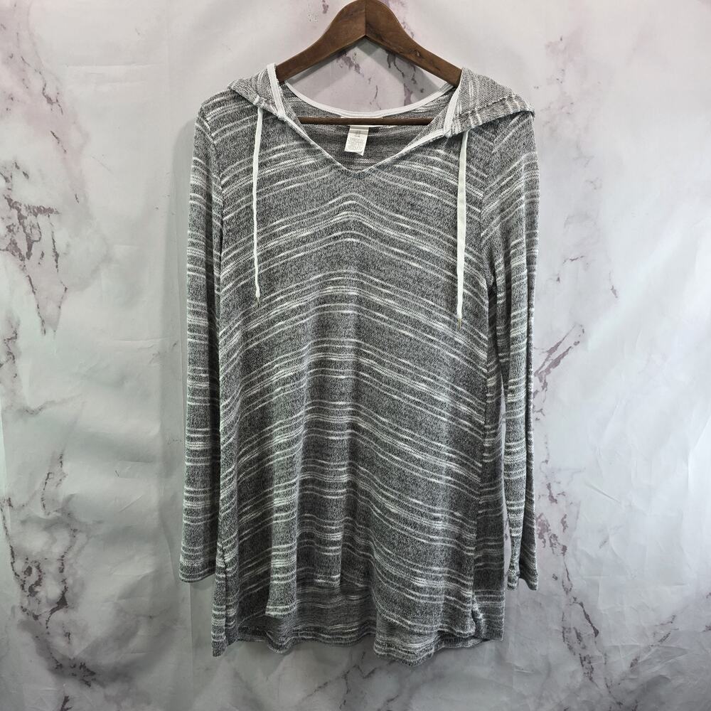 La Blanca Swim Cover Up Womens Medium Gray Hooded Tunic Dress Striped